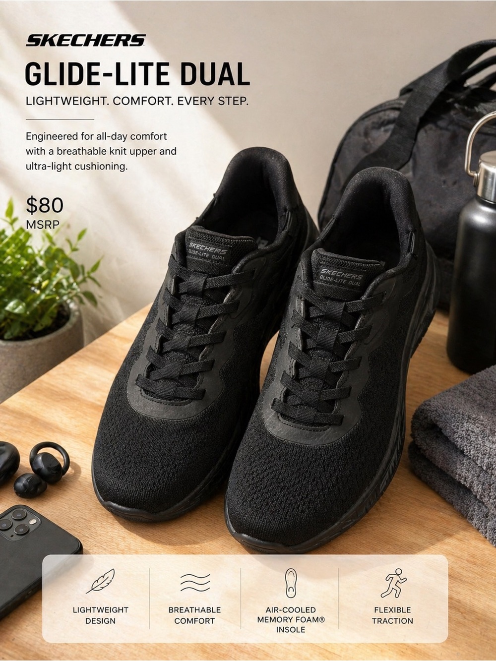 Skechers Glide‑Lite Dual Men’s Black Athletic Sneakers size 13